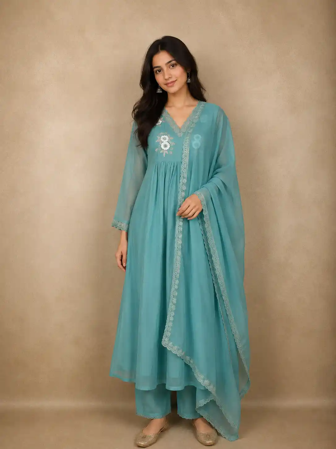 Teal Blue Floral Appliqué Embroidered Cotton Salwar Suit with Scallop Lace
